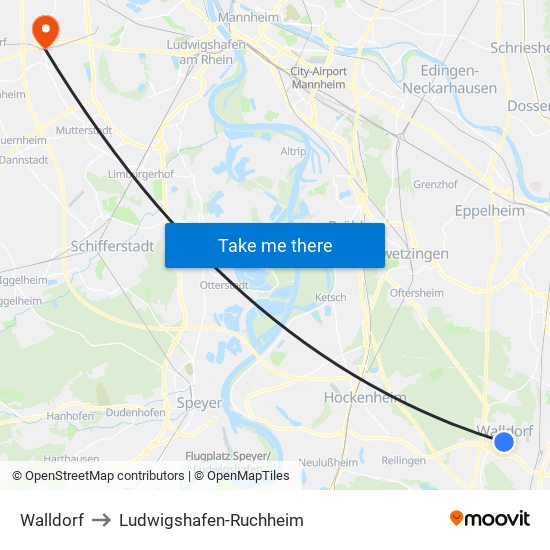 Walldorf to Ludwigshafen-Ruchheim map