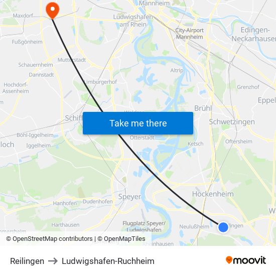 Reilingen to Ludwigshafen-Ruchheim map