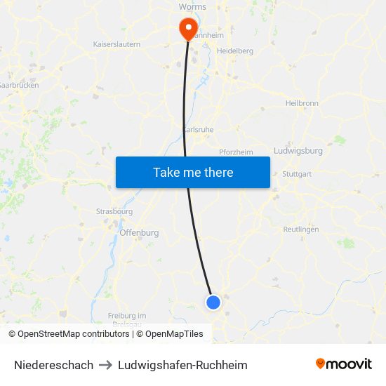 Niedereschach to Ludwigshafen-Ruchheim map
