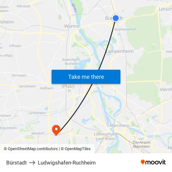 Bürstadt to Ludwigshafen-Ruchheim map