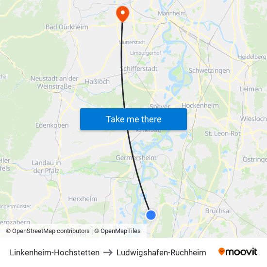 Linkenheim-Hochstetten to Ludwigshafen-Ruchheim map
