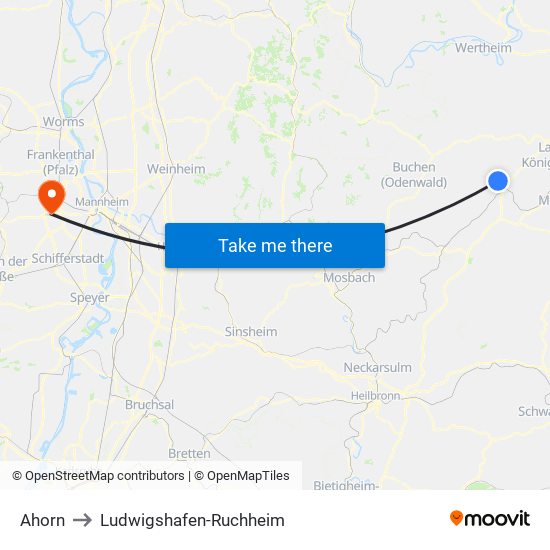 Ahorn to Ludwigshafen-Ruchheim map