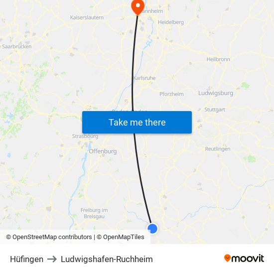Hüfingen to Ludwigshafen-Ruchheim map