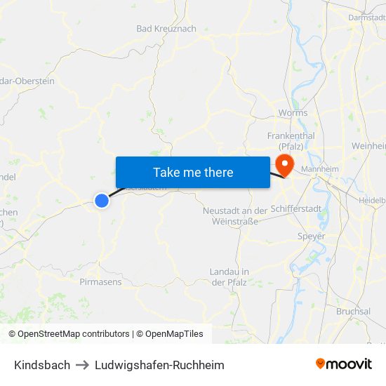 Kindsbach to Ludwigshafen-Ruchheim map