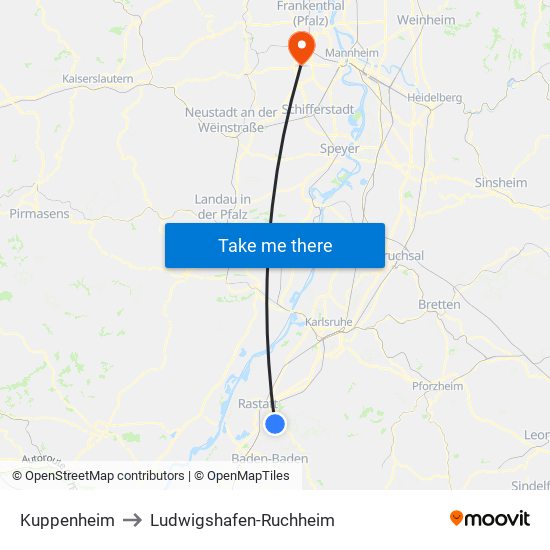 Kuppenheim to Ludwigshafen-Ruchheim map