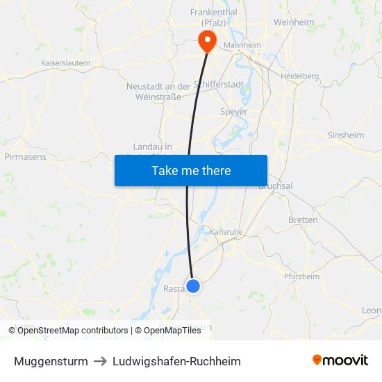 Muggensturm to Ludwigshafen-Ruchheim map