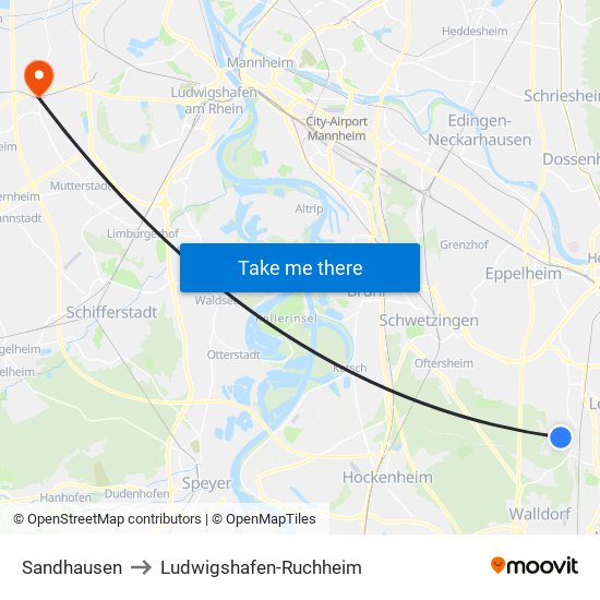 Sandhausen to Ludwigshafen-Ruchheim map