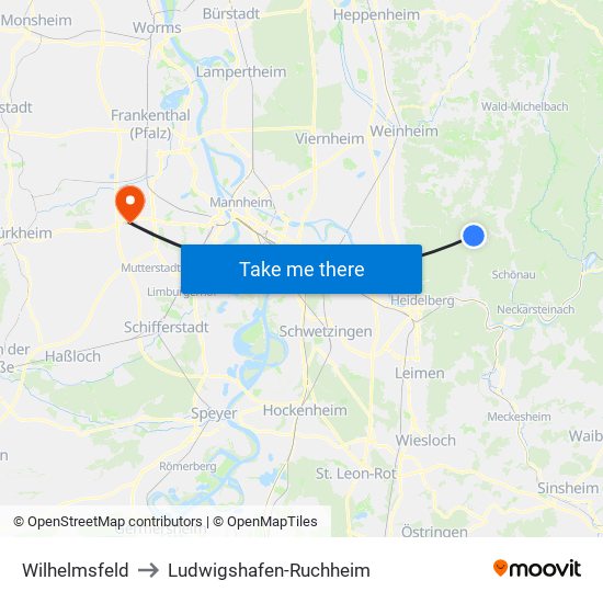 Wilhelmsfeld to Ludwigshafen-Ruchheim map