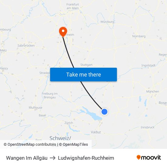 Wangen Im Allgäu to Ludwigshafen-Ruchheim map