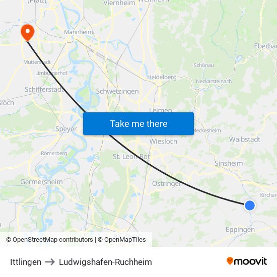 Ittlingen to Ludwigshafen-Ruchheim map