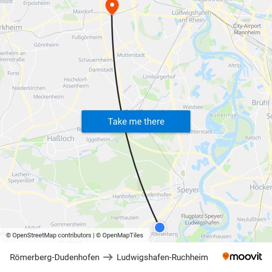 Römerberg-Dudenhofen to Ludwigshafen-Ruchheim map