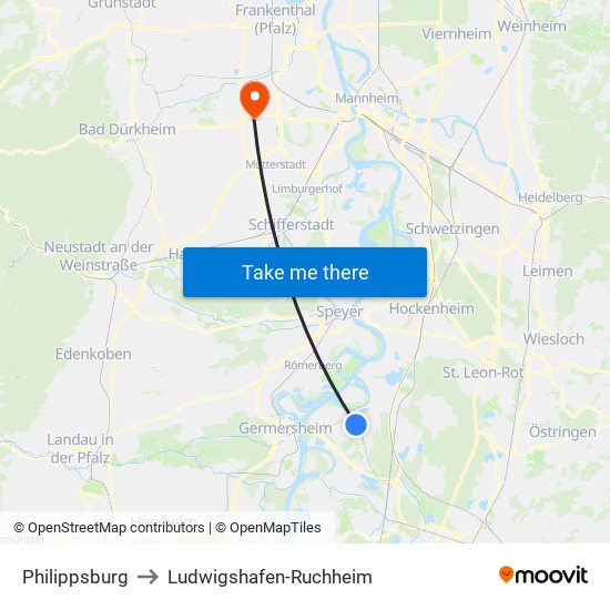 Philippsburg to Ludwigshafen-Ruchheim map