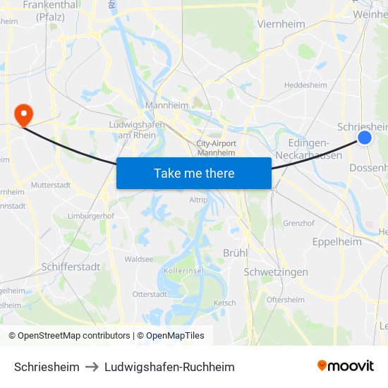 Schriesheim to Ludwigshafen-Ruchheim map