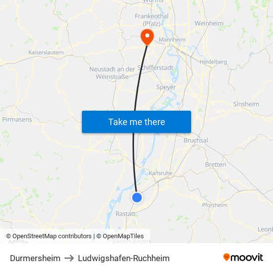 Durmersheim to Ludwigshafen-Ruchheim map
