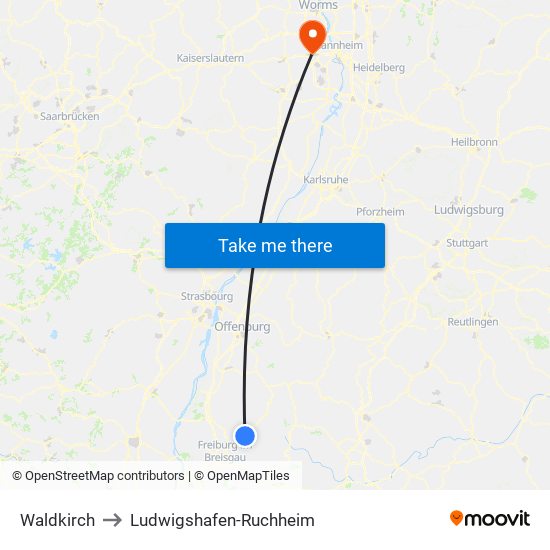 Waldkirch to Ludwigshafen-Ruchheim map
