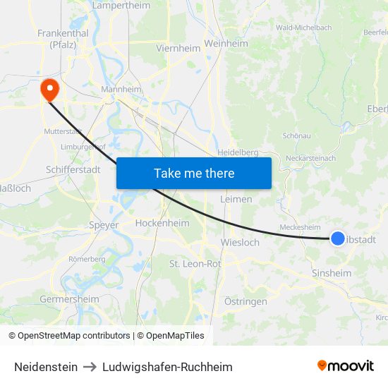 Neidenstein to Ludwigshafen-Ruchheim map