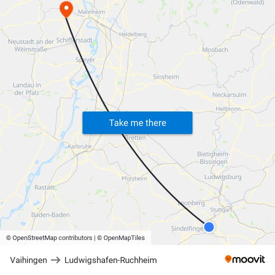 Vaihingen to Ludwigshafen-Ruchheim map
