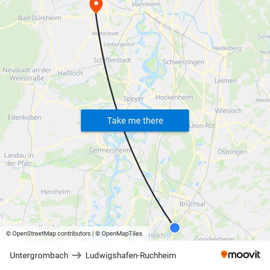 Untergrombach to Ludwigshafen-Ruchheim map