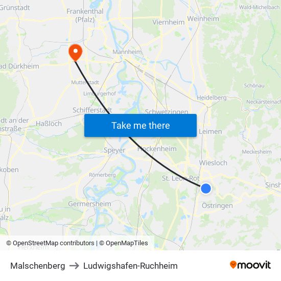Malschenberg to Ludwigshafen-Ruchheim map