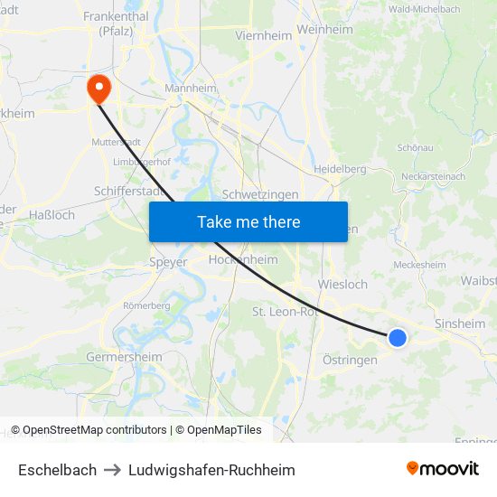 Eschelbach to Ludwigshafen-Ruchheim map