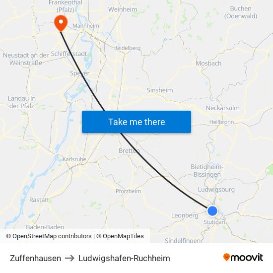 Zuffenhausen to Ludwigshafen-Ruchheim map