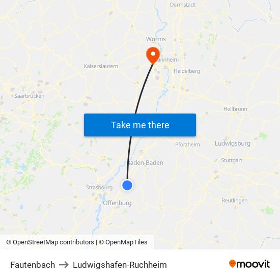 Fautenbach to Ludwigshafen-Ruchheim map