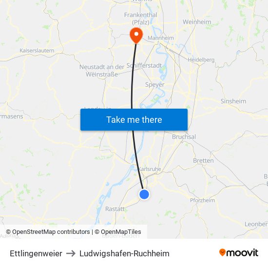Ettlingenweier to Ludwigshafen-Ruchheim map