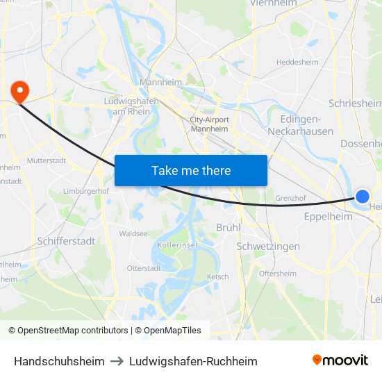 Handschuhsheim to Ludwigshafen-Ruchheim map