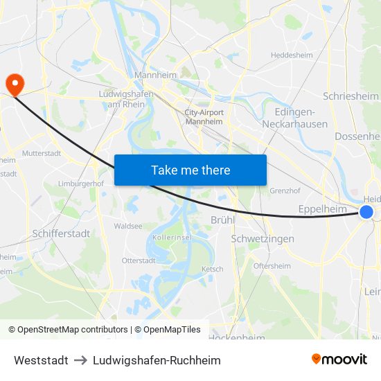 Weststadt to Ludwigshafen-Ruchheim map