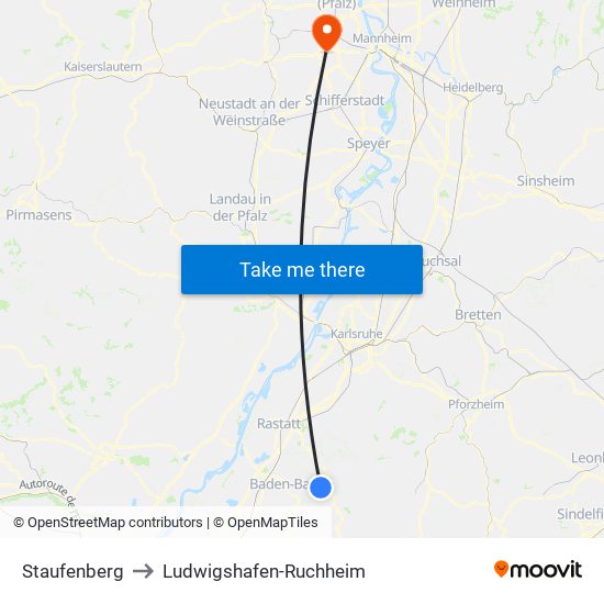 Staufenberg to Ludwigshafen-Ruchheim map