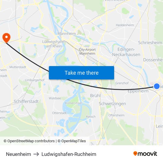 Neuenheim to Ludwigshafen-Ruchheim map