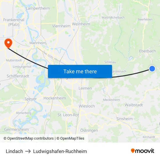 Lindach to Ludwigshafen-Ruchheim map