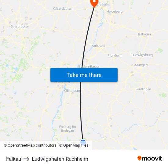 Falkau to Ludwigshafen-Ruchheim map