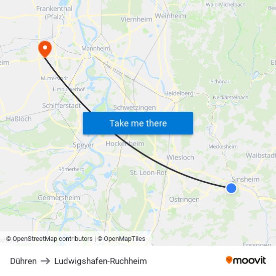 Dühren to Ludwigshafen-Ruchheim map