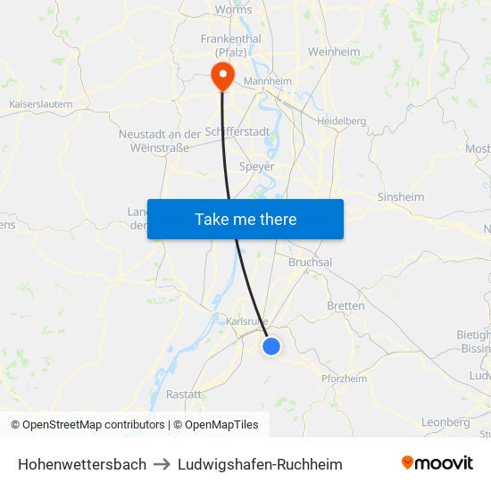 Hohenwettersbach to Ludwigshafen-Ruchheim map