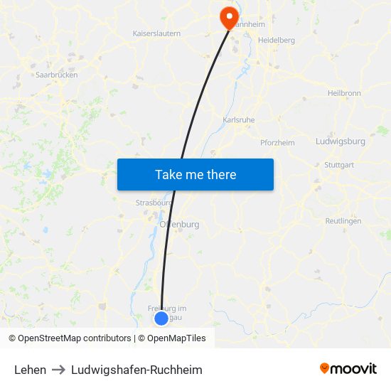 Lehen to Ludwigshafen-Ruchheim map