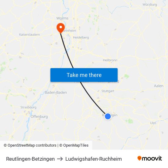 Reutlingen-Betzingen to Ludwigshafen-Ruchheim map