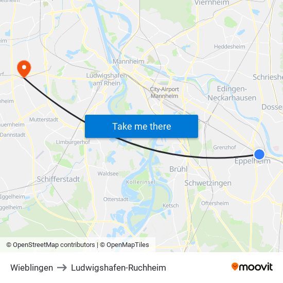 Wieblingen to Ludwigshafen-Ruchheim map