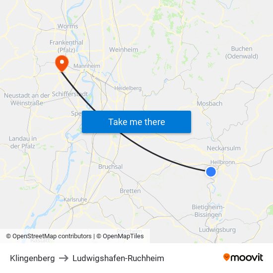 Klingenberg to Ludwigshafen-Ruchheim map
