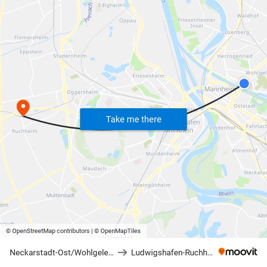 Neckarstadt-Ost/Wohlgelegen to Ludwigshafen-Ruchheim map