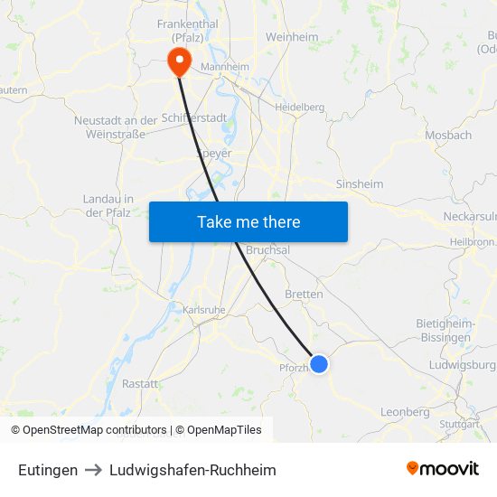 Eutingen to Ludwigshafen-Ruchheim map