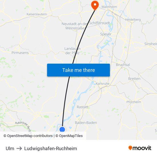 Ulm to Ludwigshafen-Ruchheim map