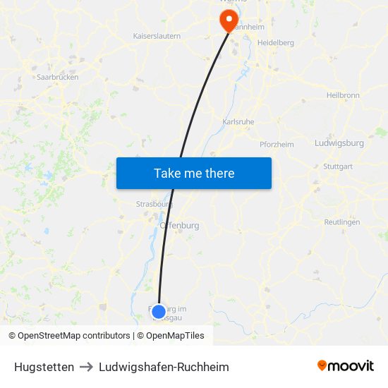 Hugstetten to Ludwigshafen-Ruchheim map