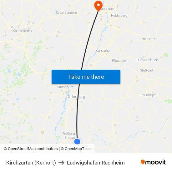 Kirchzarten (Kernort) to Ludwigshafen-Ruchheim map