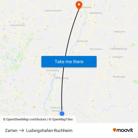 Zarten to Ludwigshafen-Ruchheim map
