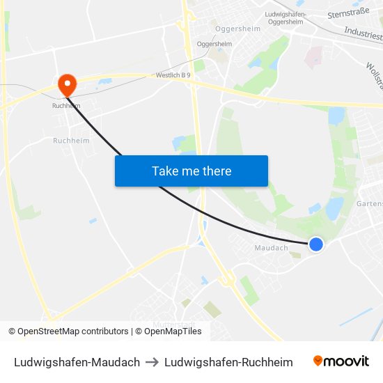 Ludwigshafen-Maudach to Ludwigshafen-Ruchheim map