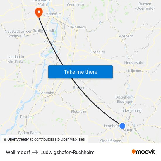Weilimdorf to Ludwigshafen-Ruchheim map