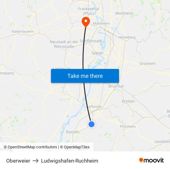 Oberweier to Ludwigshafen-Ruchheim map