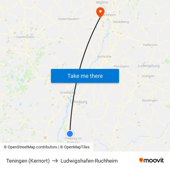 Teningen (Kernort) to Ludwigshafen-Ruchheim map