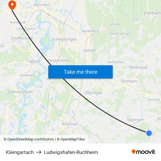 Kleingartach to Ludwigshafen-Ruchheim map